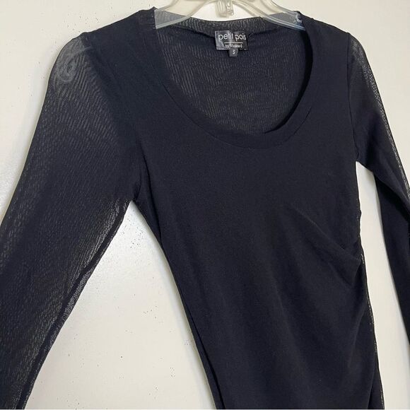 Petit Pois Viviana G Double Layer Mesh Crew Top Ruched Black Long Sleeve Small - Picture 4 of 9